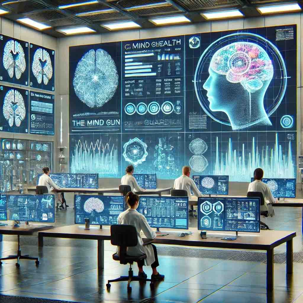 Científicos analizando datos de salud cognitiva de 'The Mind Guardian' en un laboratorio tecnológico.