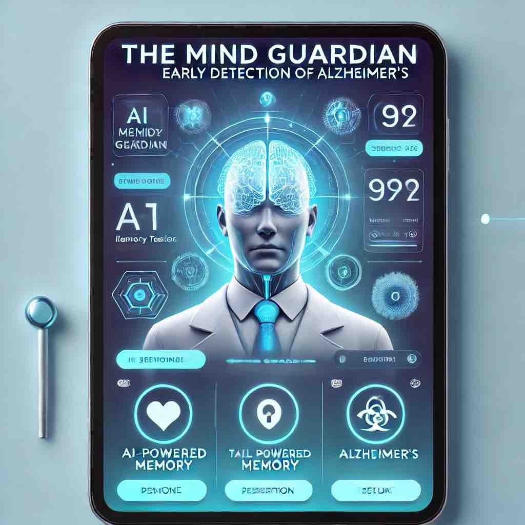Interfaz futurista de la aplicación 'The Mind Guardian' en una tablet con pruebas cognitivas y análisis de IA.